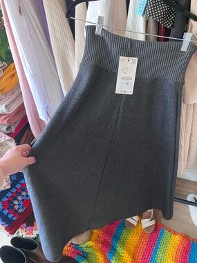 Zara High Ribbed Waist A-Line Midi Cotton Knit Skirt